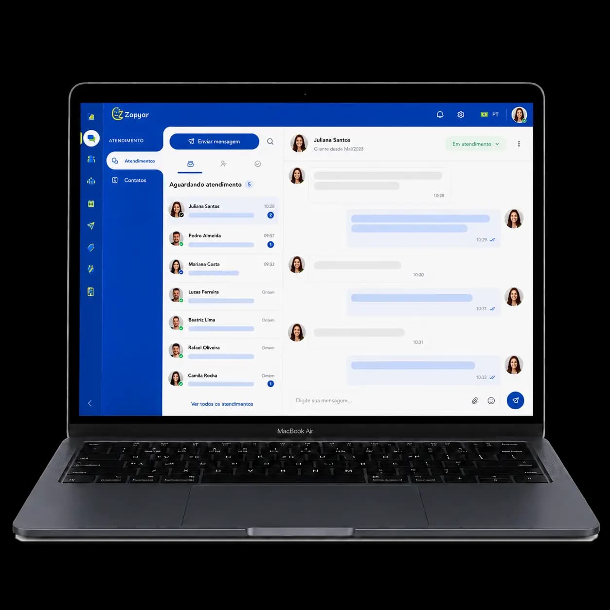 Mockup do sistema de atendimento multiagente em um MacBook